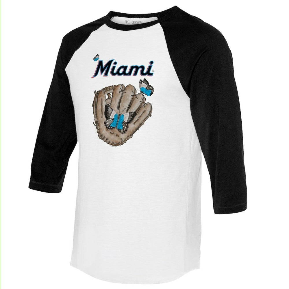 Miami Marlins Tiny Turnip Unisex Butterfly Glove 3/4-Sleeve Raglan T-Shirt - White/Black