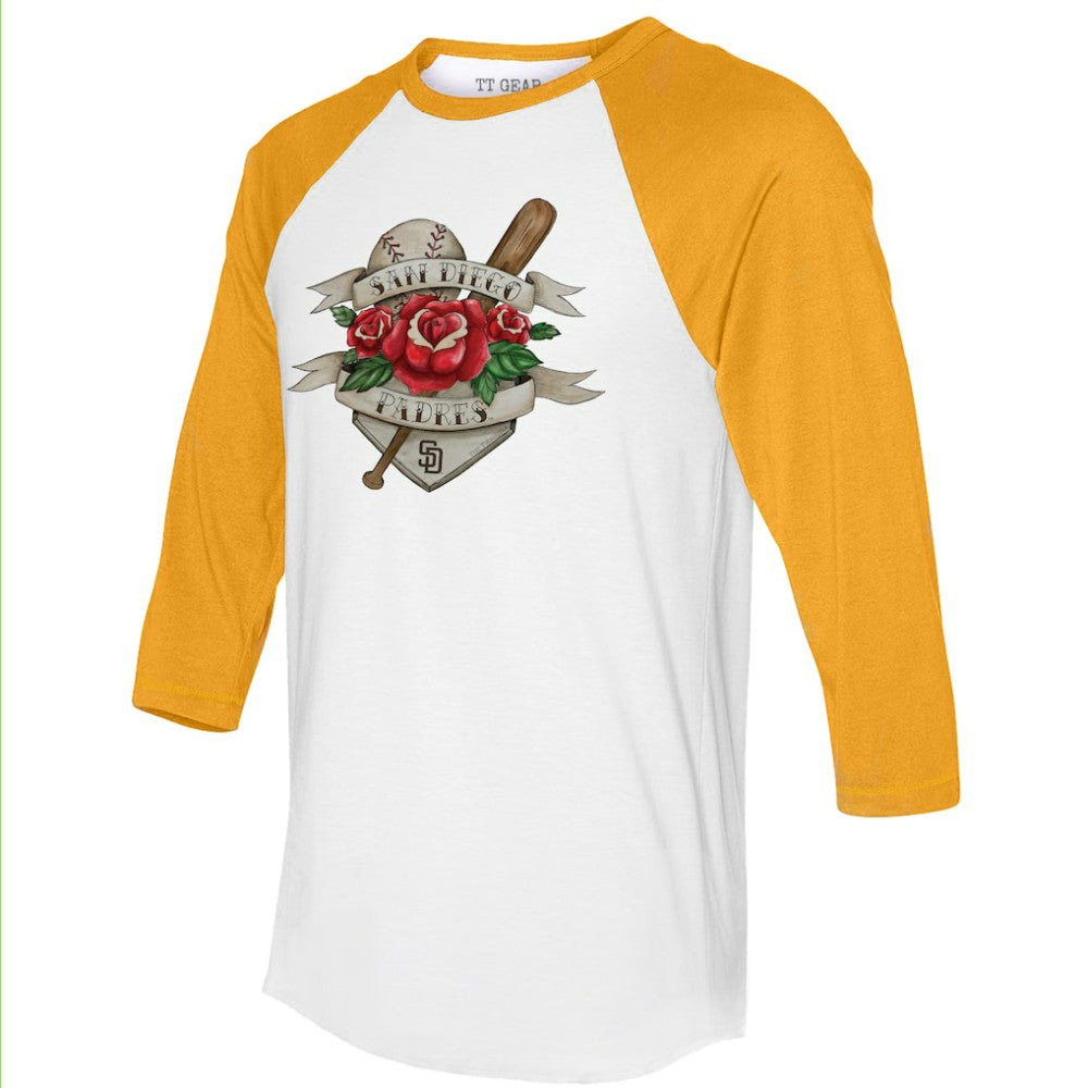 San Diego Padres Tiny Turnip Unisex Tattoo Rose 3/4-Sleeve Raglan T-Shirt - White/Gold