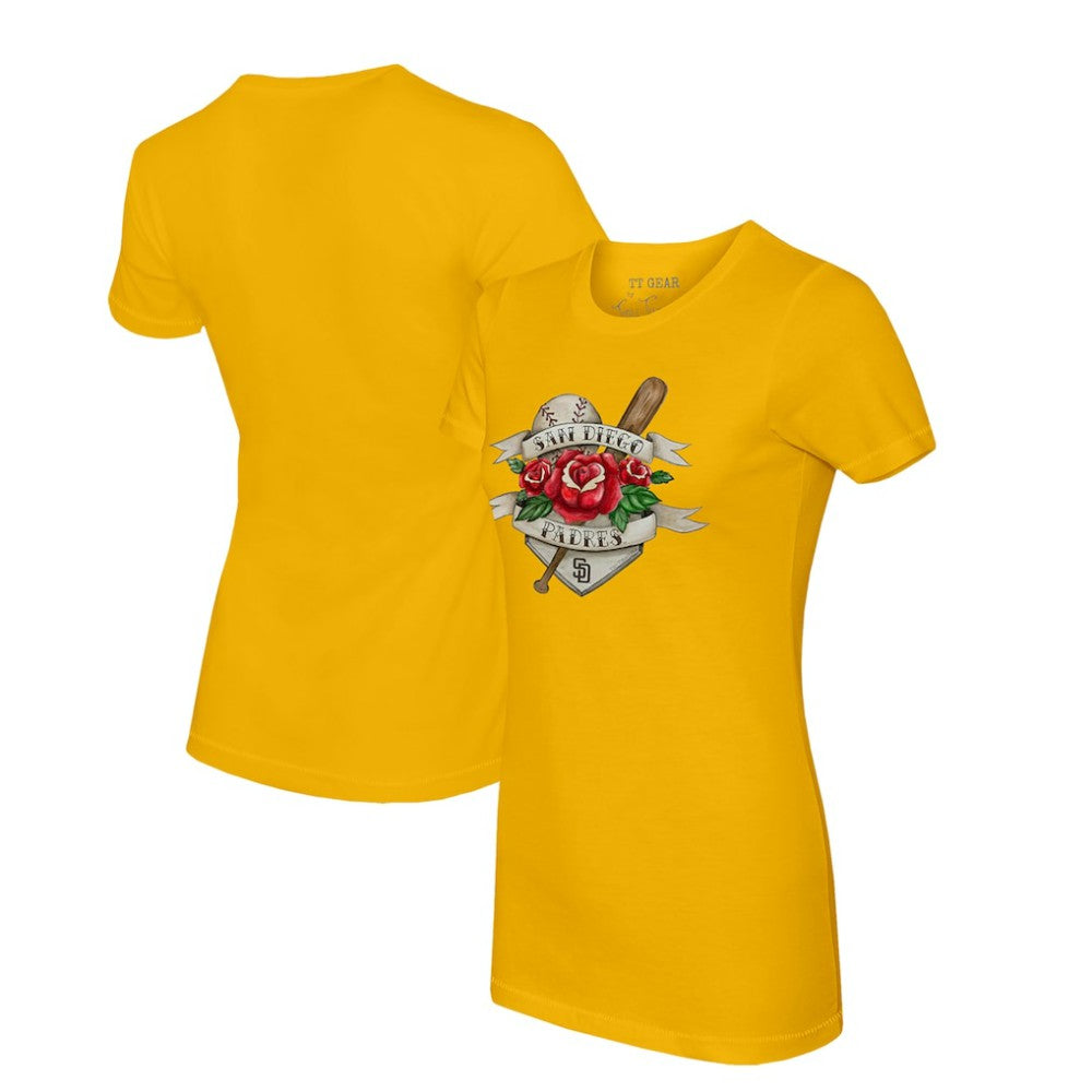 San Diego Padres Tiny Turnip Women's Tattoo Rose T-Shirt - Gold