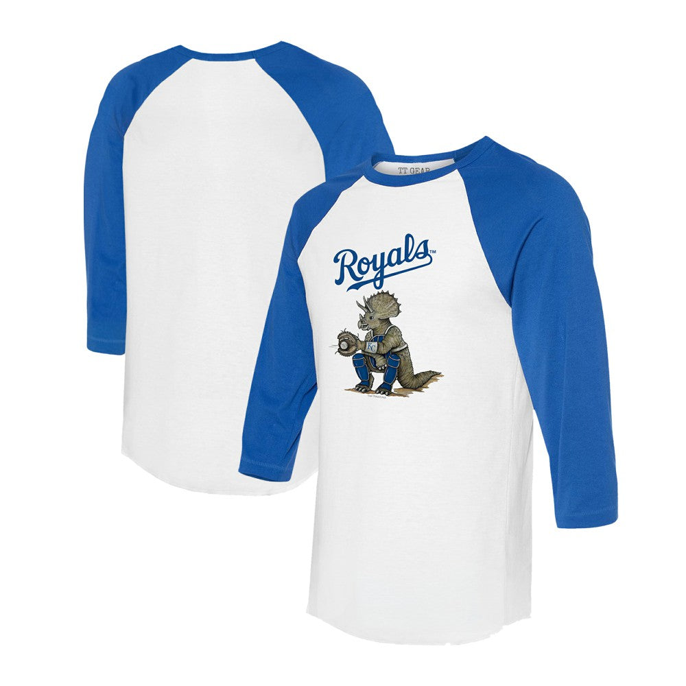 Kansas City Royals Tiny Turnip Unisex Triceratops 3/4-Sleeve Raglan T-Shirt - White/Royal