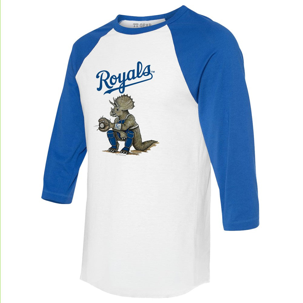 Kansas City Royals Tiny Turnip Unisex Triceratops 3/4-Sleeve Raglan T-Shirt - White/Royal