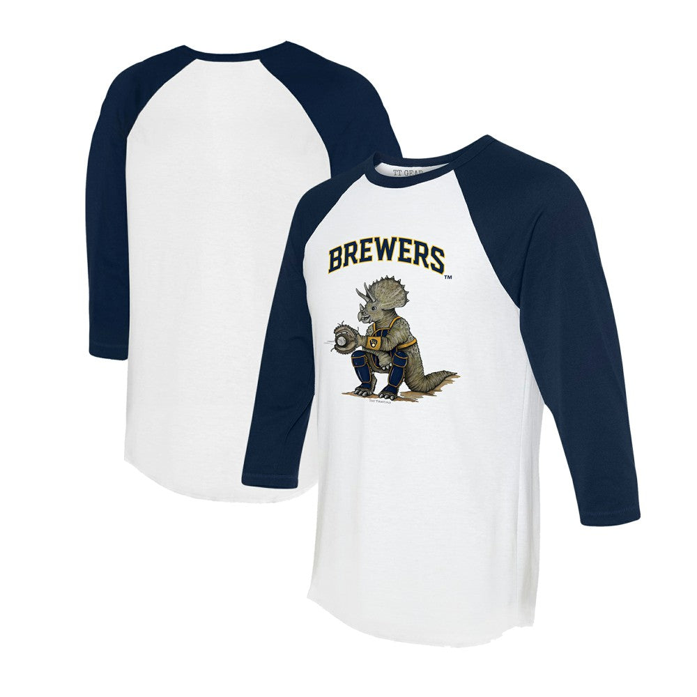 Milwaukee Brewers Tiny Turnip Unisex Triceratops 3/4-Sleeve Raglan T-Shirt - White/Navy