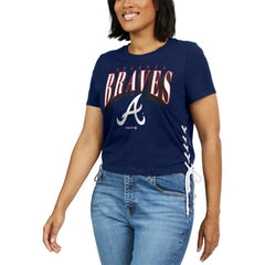 Atlanta Braves WEAR by Erin Andrews Women's Side Lace-Up Cropped T-Shirt - Navy