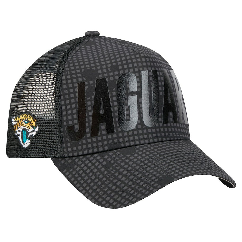 NFL Jacksonville Jaguars Midnight Ink Tonal Text A-Frame Trucker 9FORTY Adjustable Hat