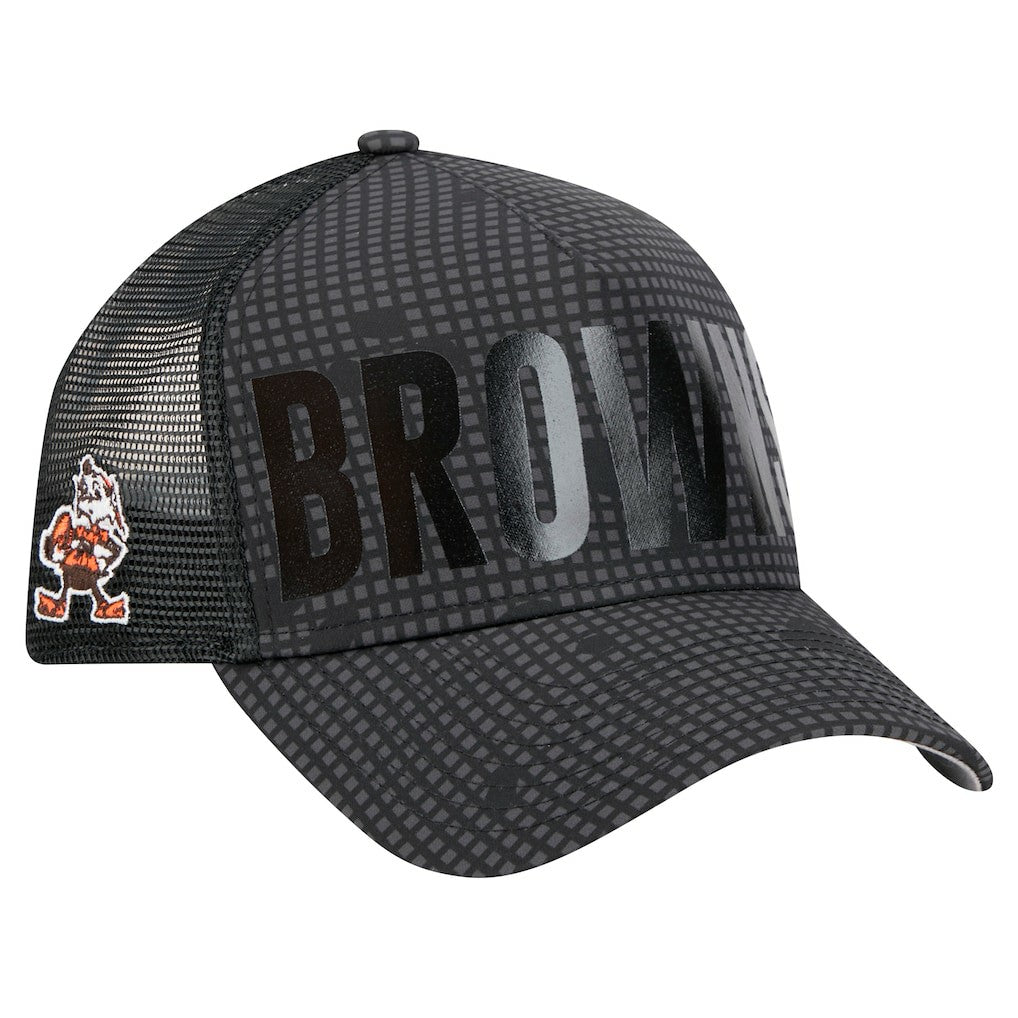 NFL Cleveland Browns Throwback Midnight Ink Tonal Text A-Frame Trucker 9FORTY Adjustable Hat