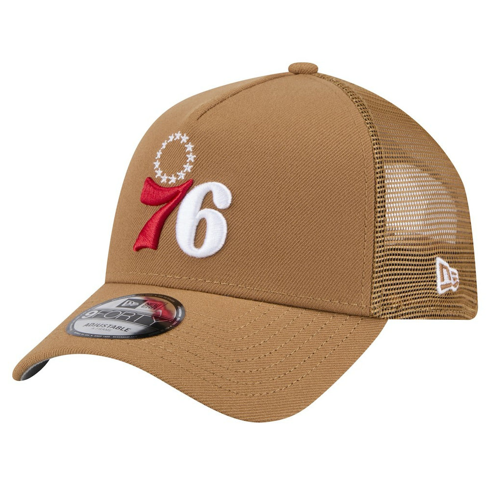 Philadelphia 76ers 9FORTY A-Frame Trucker Adjustable Hat - Tan | New Era cheap