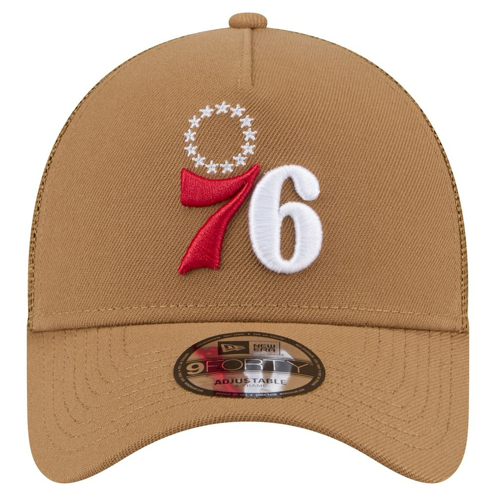Philadelphia 76ers 9FORTY A-Frame Trucker Adjustable Hat - Tan | New Era cheap