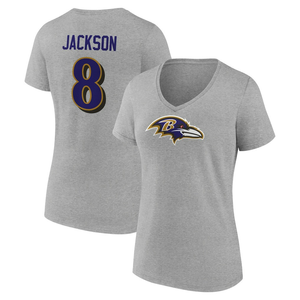 NFL Baltimore Ravens Lamar Jackson  Women's Icon Player Name & Number V-Neck T-Shirt