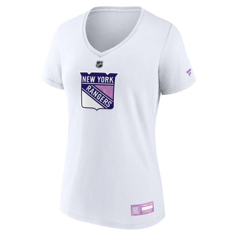 New York Rangers Fanatics Women's 2024 Hockey Fights Cancer V-Neck T-Shirt