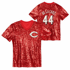 Elly De La Cruz Cincinnati Reds Juniors Name & Number Sequin V-Neck Top - Red