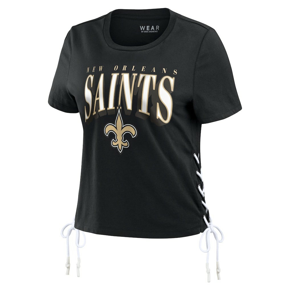 NFL New Orleans Saints WEAR by Erin Andrews Women's Lace Up Side Modest Cropped T-Shirt