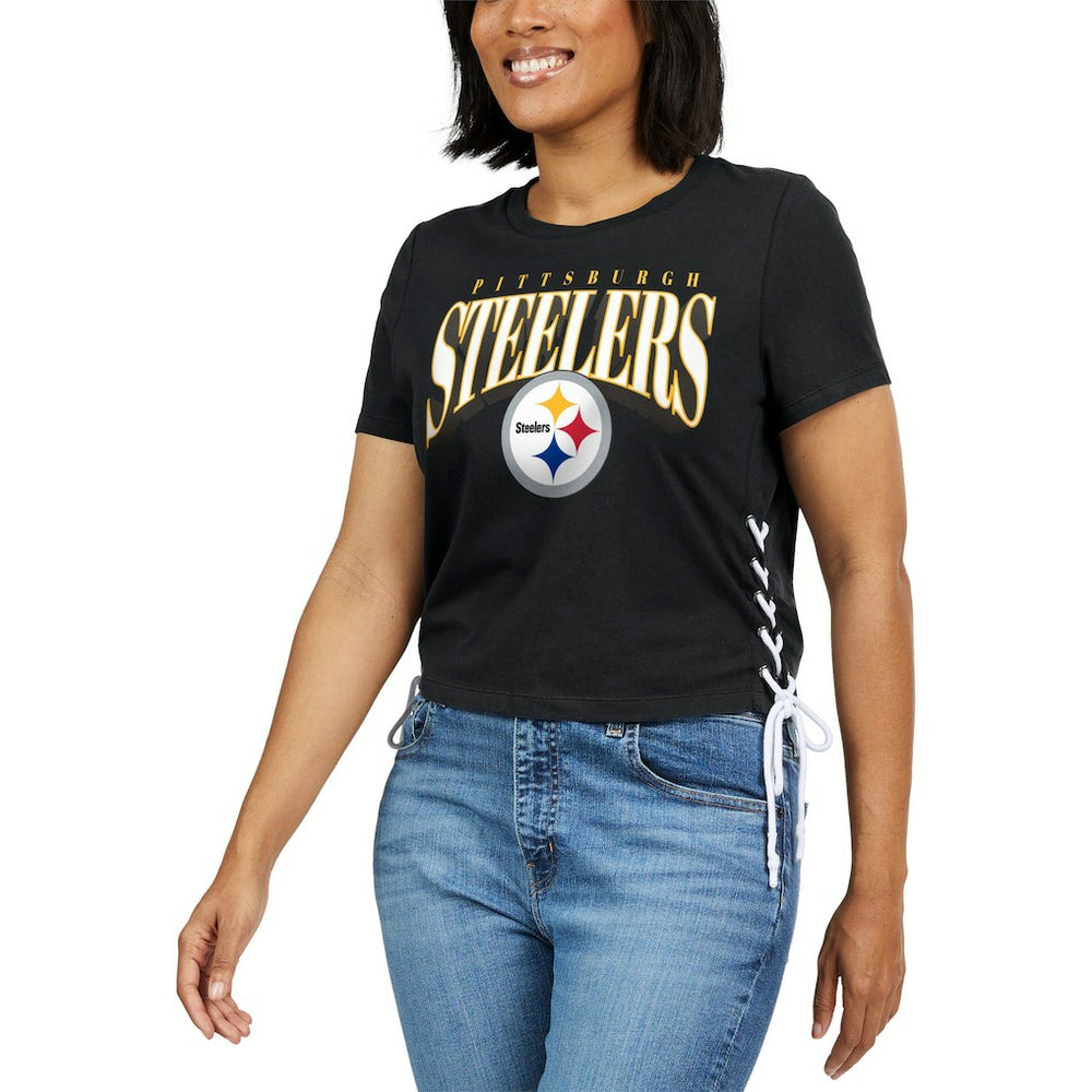 NFL Pittsburgh Steelers WEAR by Erin Andrews Women's Lace Up Side Modest Cropped T-Shirt