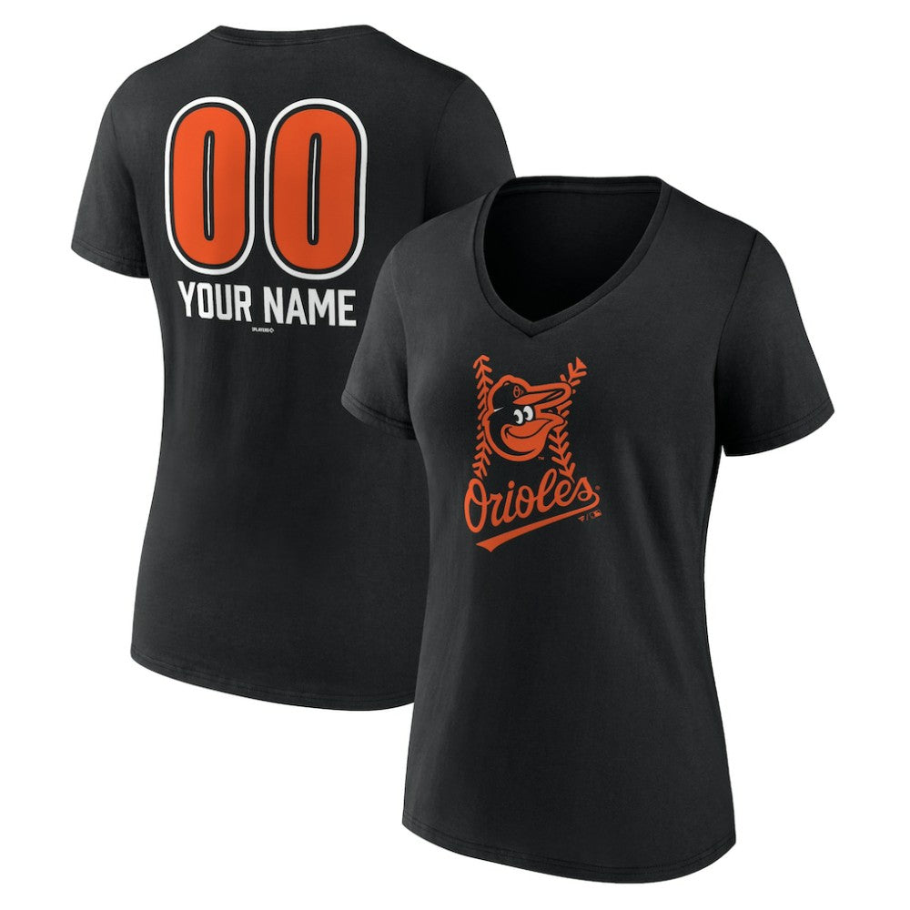 Baltimore Orioles Women's Personalized Name & Number Fastball V-Neck T-Shirt - Black