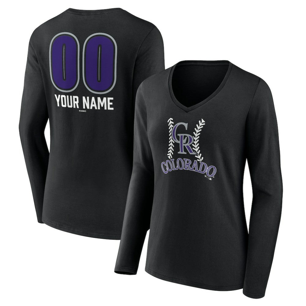 Colorado Rockies Women's Personalized Name & Number Fastball Long Sleeve V-Neck T-Shirt - Black