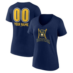 Milwaukee Brewers Women's Personalized Name & Number Fastball V-Neck T-Shirt - Navy
