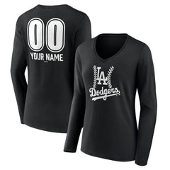 Los Angeles Dodgers Women's Personalized Name & Number Fastball Long Sleeve V-Neck T-Shirt - Black