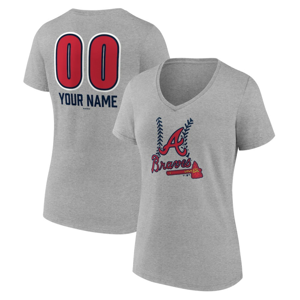 Atlanta Braves Women's Personalized Name & Number Fastball V-Neck T-Shirt - Gray