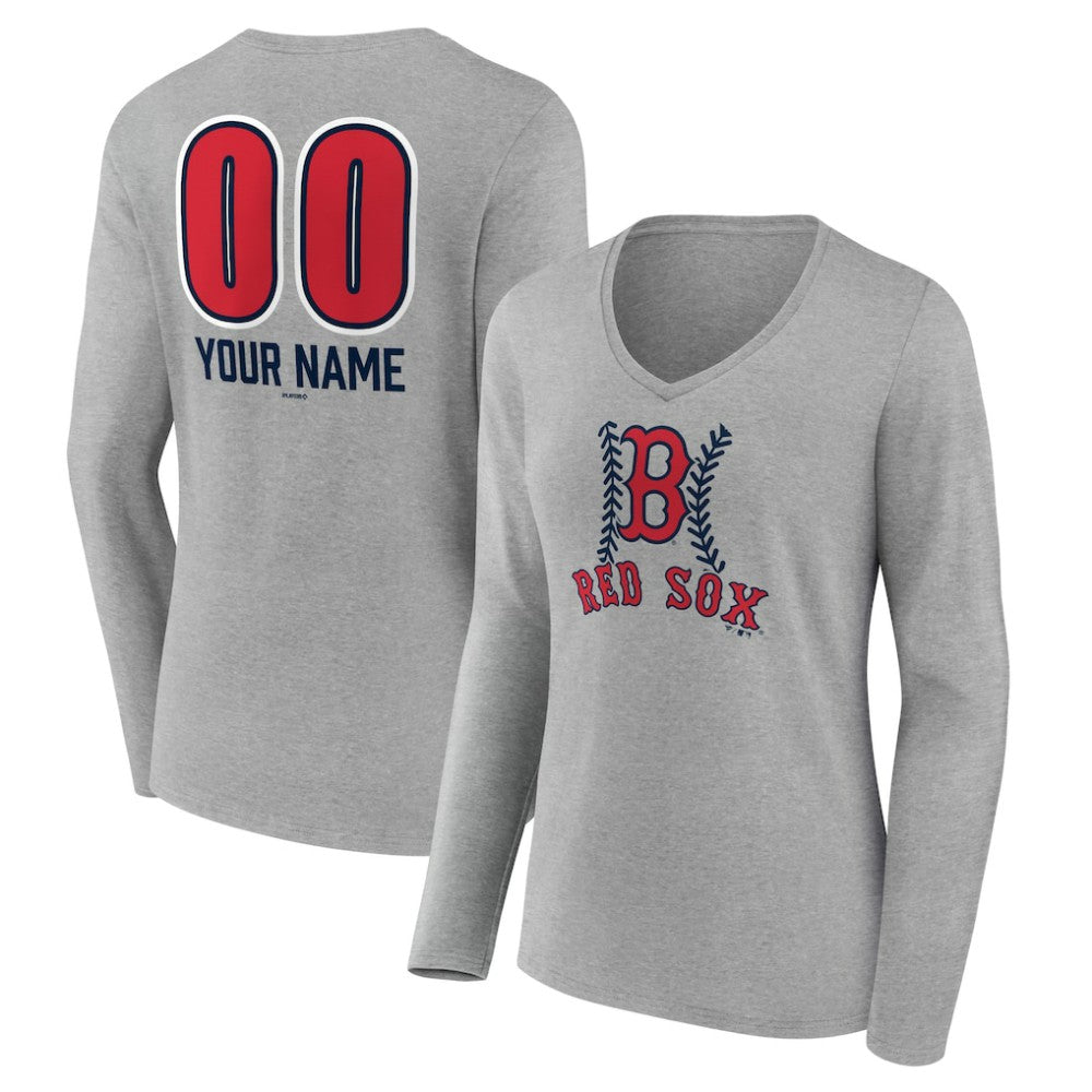 Boston Red Sox Women's Personalized Name & Number Fastball Long Sleeve V-Neck T-Shirt - Gray