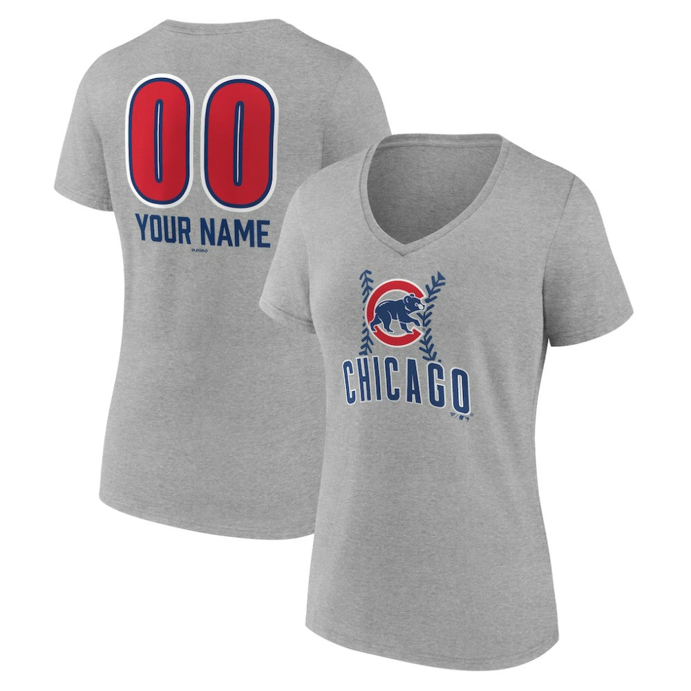Chicago Cubs Women's Personalized Name & Number Fastball V-Neck T-Shirt - Gray