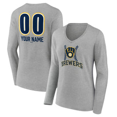 Milwaukee Brewers Women's Personalized Name & Number Fastball Long Sleeve V-Neck T-Shirt - Gray