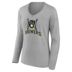 Milwaukee Brewers Women's Personalized Name & Number Fastball Long Sleeve V-Neck T-Shirt - Gray