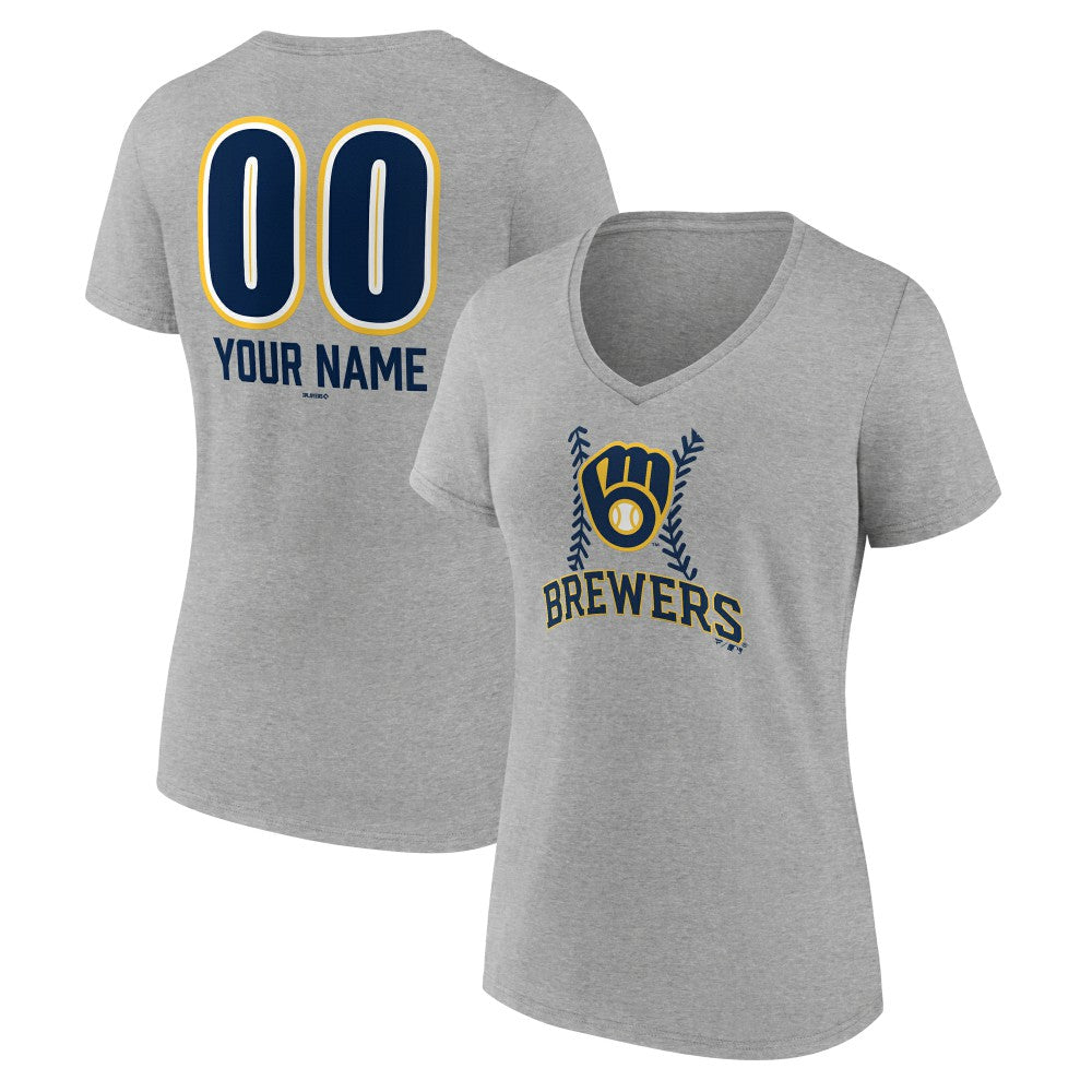 Milwaukee Brewers Women's Personalized Name & Number Fastball V-Neck T-Shirt - Gray