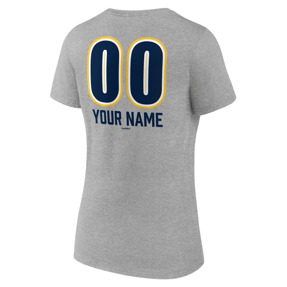 Milwaukee Brewers Women's Personalized Name & Number Fastball V-Neck T-Shirt - Gray
