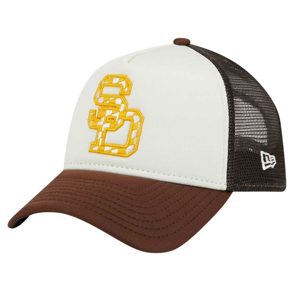 San Diego Padres Checkered Flag A-Frame Trucker 9FORTY Adjustable Hat - White/Brown | New Era
