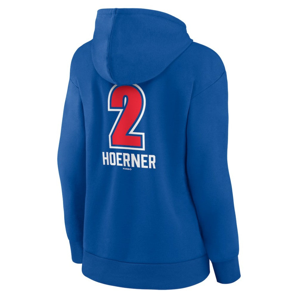 Nico Hoerner Chicago Cubs Women's Fastball Player Name & Number Pullover Hoodie - Royal