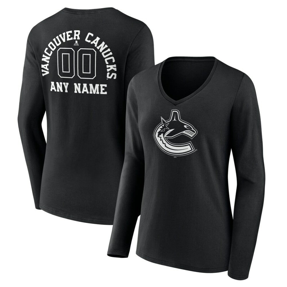 Vancouver Canucks Women's Personalized Name & Number Monochrome Long Sleeve V-Neck T-Shirt