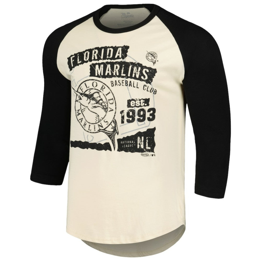 Miami Marlins Majestic Threads Raglan 3/4-Sleeve T-Shirt - Cream/Black
