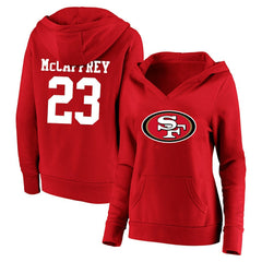 NFL San Francisco 49ers Christian McCaffrey  Women's Plus Size Player Name & Number V-Neck Pullover Hoodie