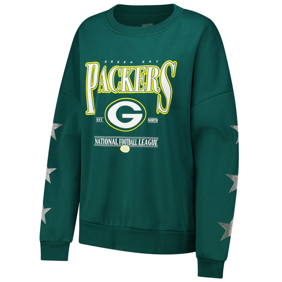 NFL Green Bay Packers Gameday Couture Women's Rhinestone Star Sleeve Settle the Score Oversized Pullover Sweatshirt
