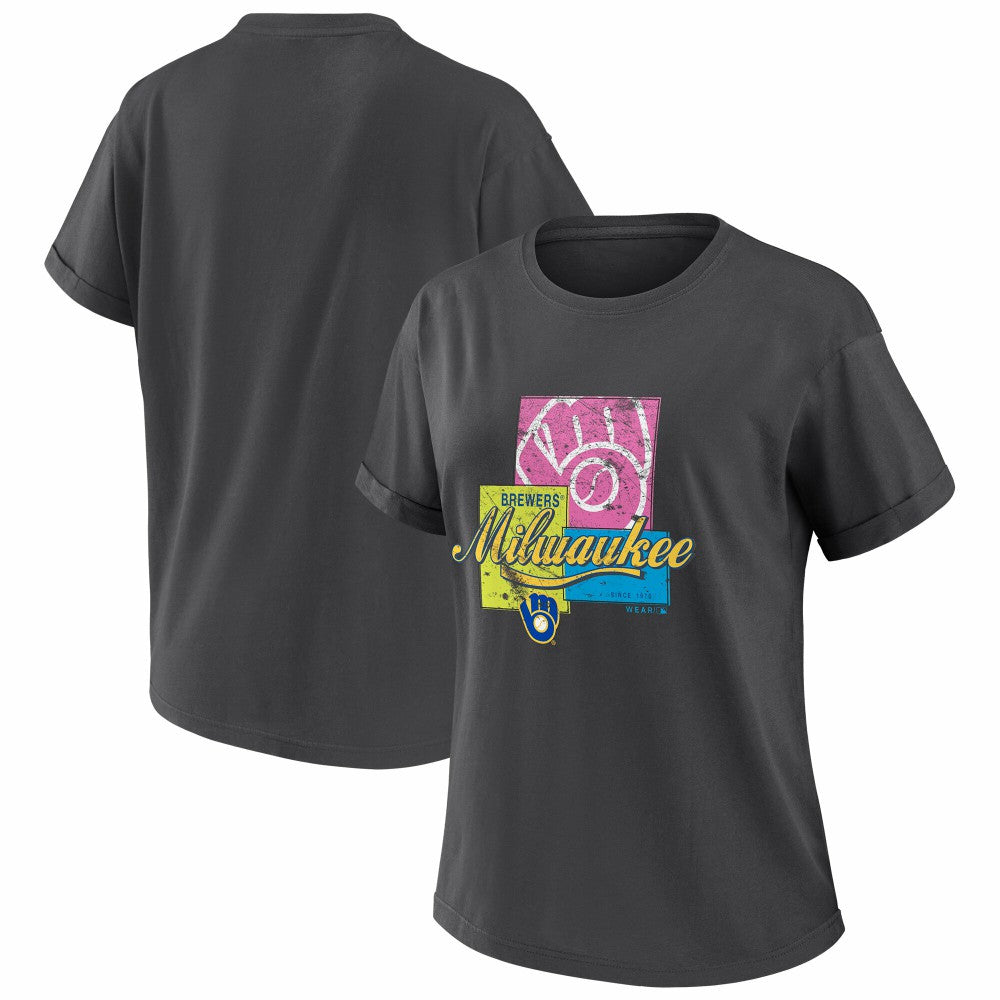 Milwaukee Brewers WEAR by Erin Andrews Women's Domestic Box Color Boyfriend T-Shirt - Charcoal