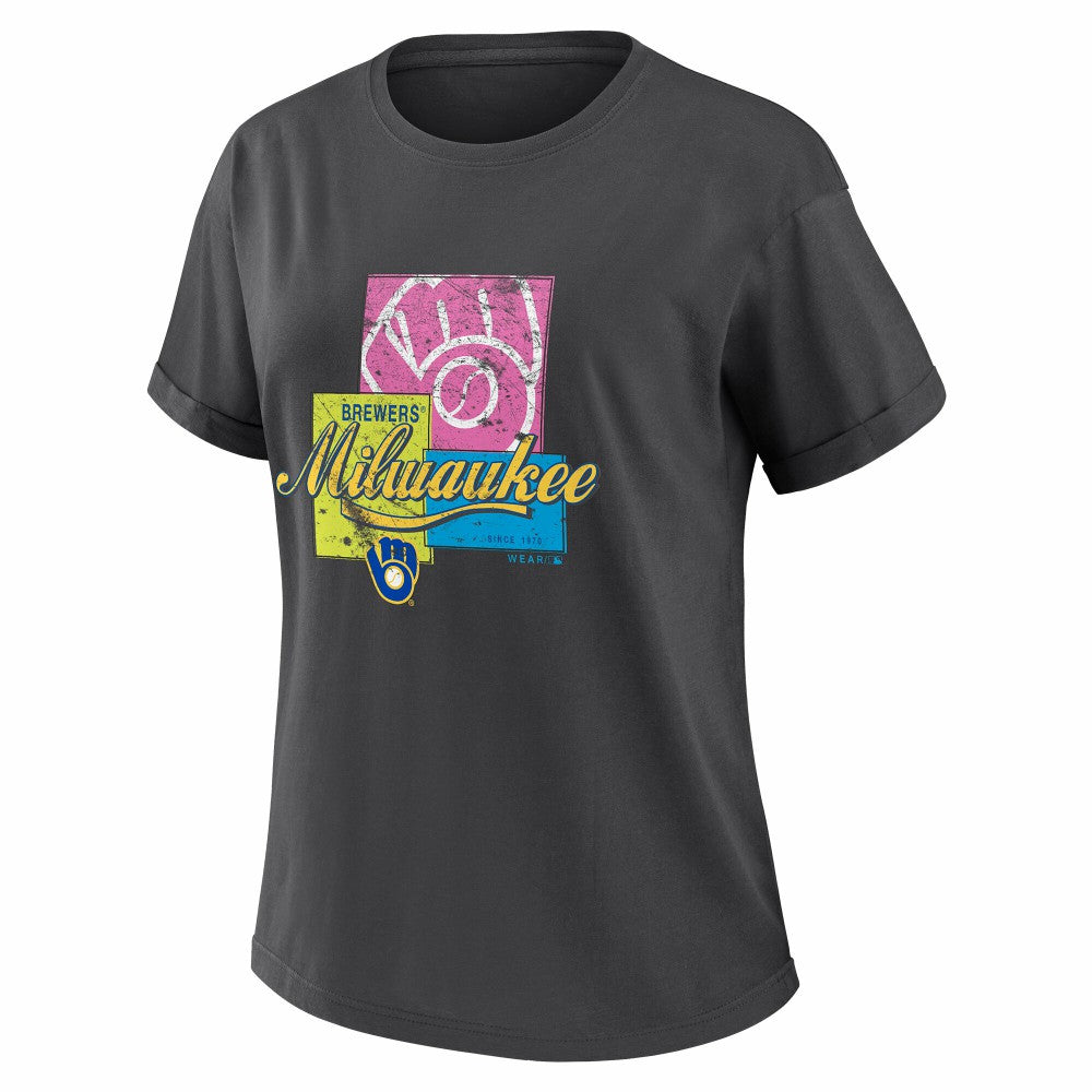 Milwaukee Brewers WEAR by Erin Andrews Women's Domestic Box Color Boyfriend T-Shirt - Charcoal