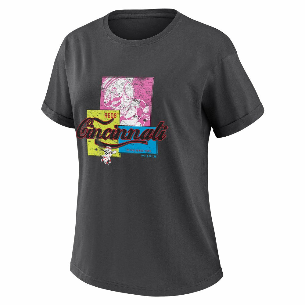 Cincinnati Reds WEAR by Erin Andrews Women's Domestic Box Color Boyfriend T-Shirt - Charcoal