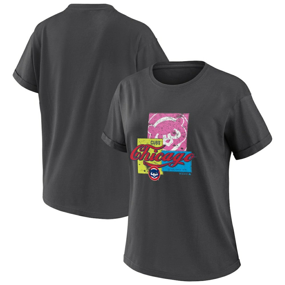 Chicago Cubs WEAR by Erin Andrews Women's Domestic Box Color Boyfriend T-Shirt - Charcoal