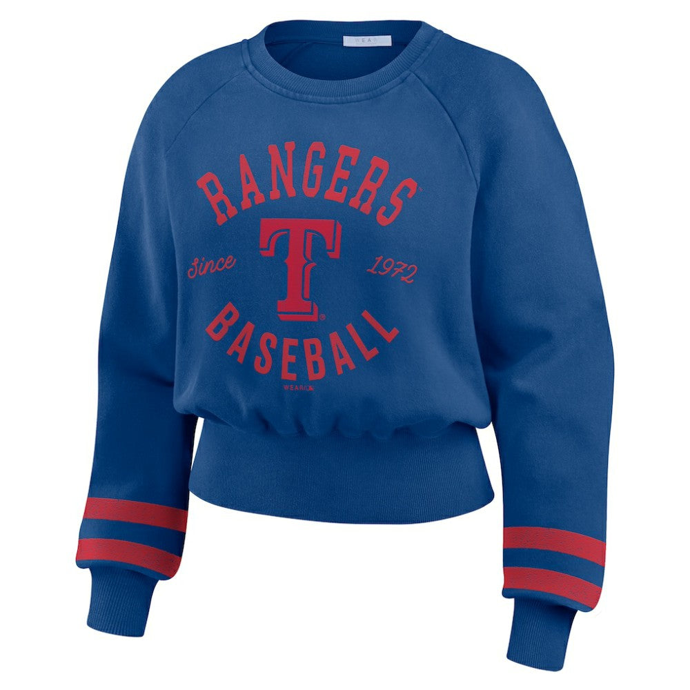 Texas Rangers WEAR by Erin Andrews Women's Vintage Washed Cropped Pullover Sweatshirt - Royal