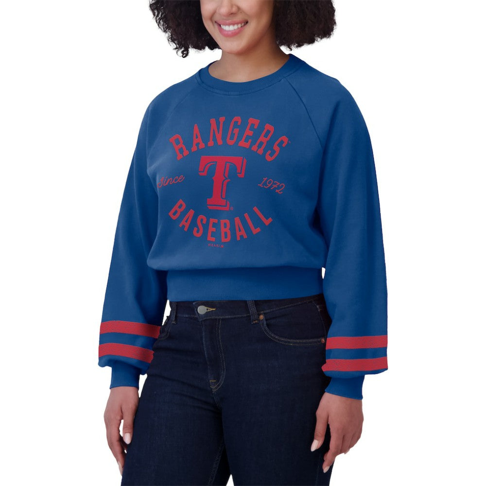 Texas Rangers WEAR by Erin Andrews Women's Vintage Washed Cropped Pullover Sweatshirt - Royal
