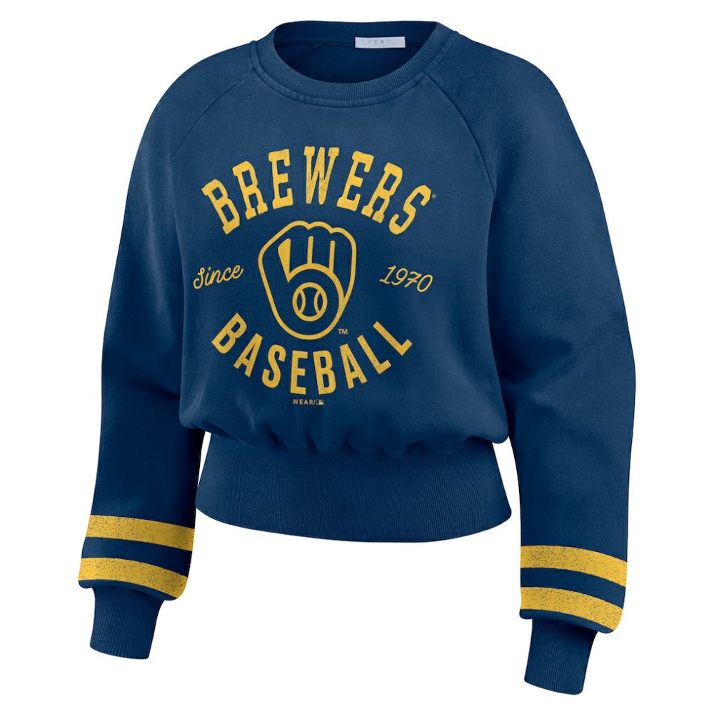 Milwaukee Brewers WEAR by Erin Andrews Women's Vintage Washed Cropped Pullover Sweatshirt - Navy