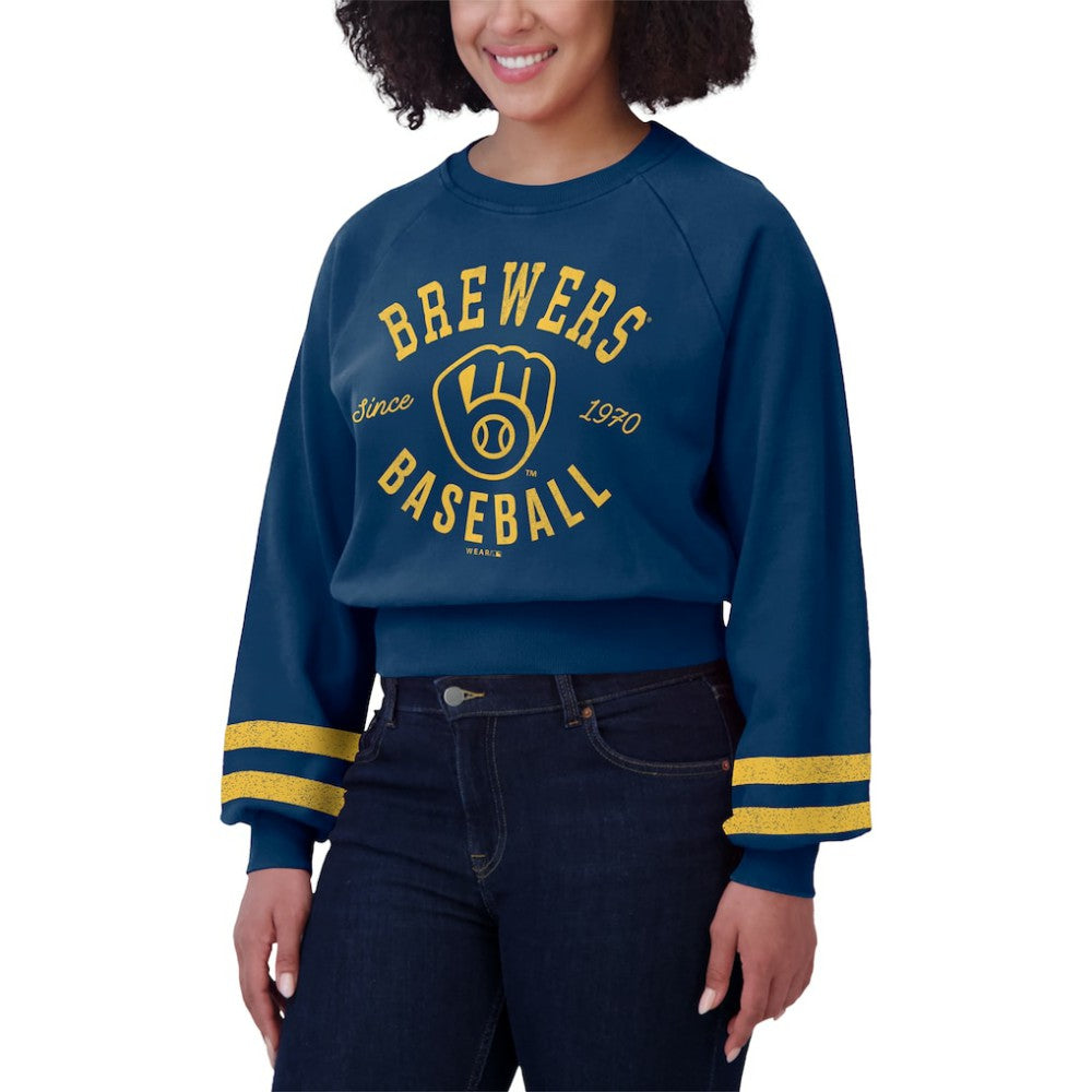 Milwaukee Brewers WEAR by Erin Andrews Women's Vintage Washed Cropped Pullover Sweatshirt - Navy
