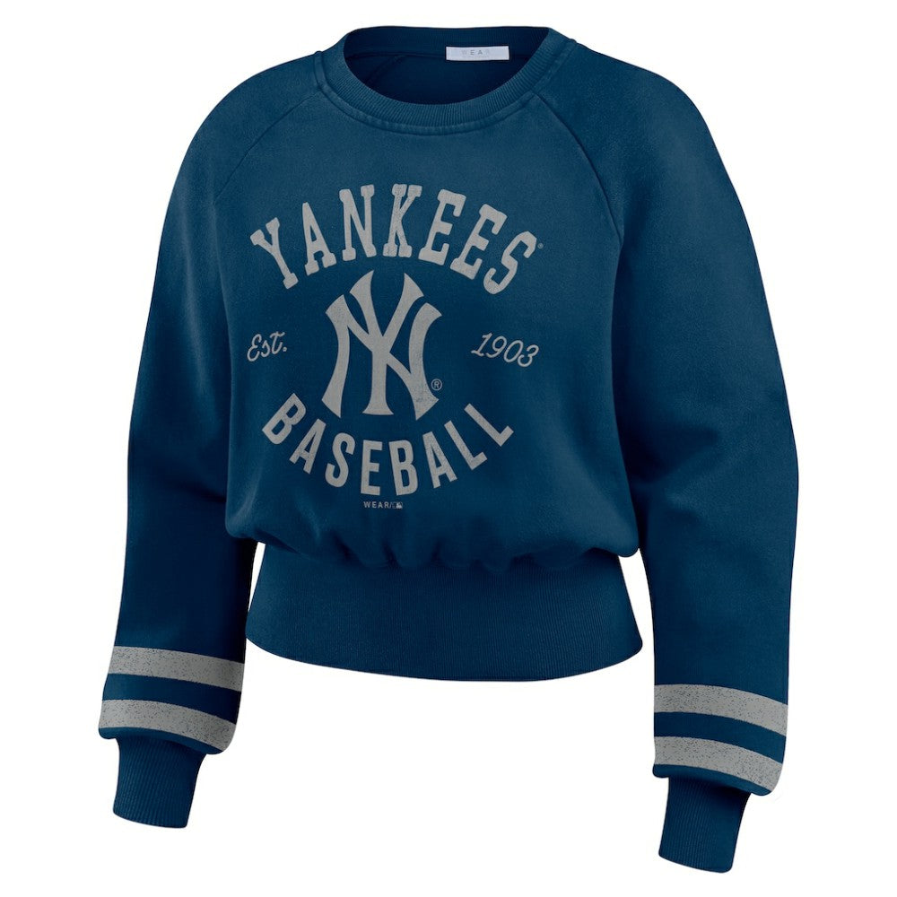New York Yankees WEAR by Erin Andrews Women's Vintage Washed Cropped Pullover Sweatshirt - Navy