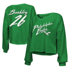 NFL Philadelphia Eagles Saquon Barkley  Majestic Threads Women's Name & Number Off-Shoulder Script Cropped Long Sleeve Relaxed V-Neck T-Shirt