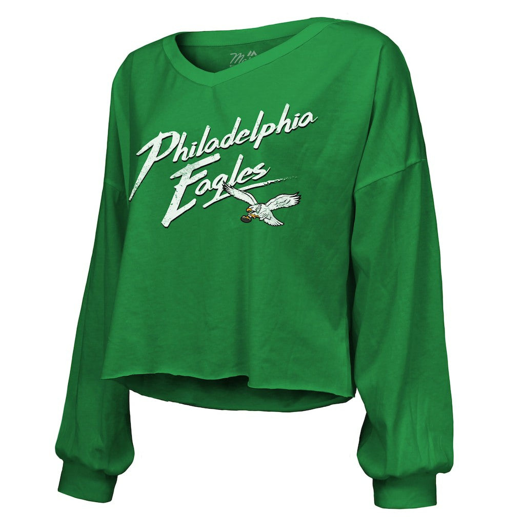 NFL Philadelphia Eagles Saquon Barkley  Majestic Threads Women's Name & Number Off-Shoulder Script Cropped Long Sleeve Relaxed V-Neck T-Shirt