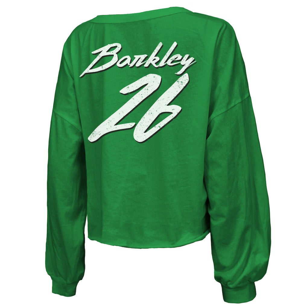NFL Philadelphia Eagles Saquon Barkley  Majestic Threads Women's Name & Number Off-Shoulder Script Cropped Long Sleeve Relaxed V-Neck T-Shirt