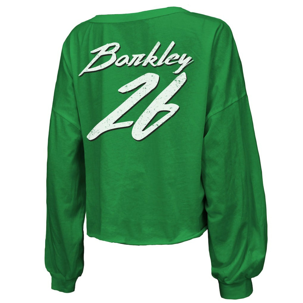 NFL Philadelphia Eagles Saquon Barkley  Majestic Threads Women's Name & Number Off-Shoulder Script Cropped Long Sleeve Relaxed V-Neck T-Shirt