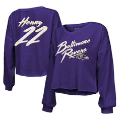 NFL Baltimore Ravens Derrick Henry  Majestic Threads Women's Name & Number Off-Shoulder Script Cropped Long Sleeve Relaxed V-Neck T-Shirt