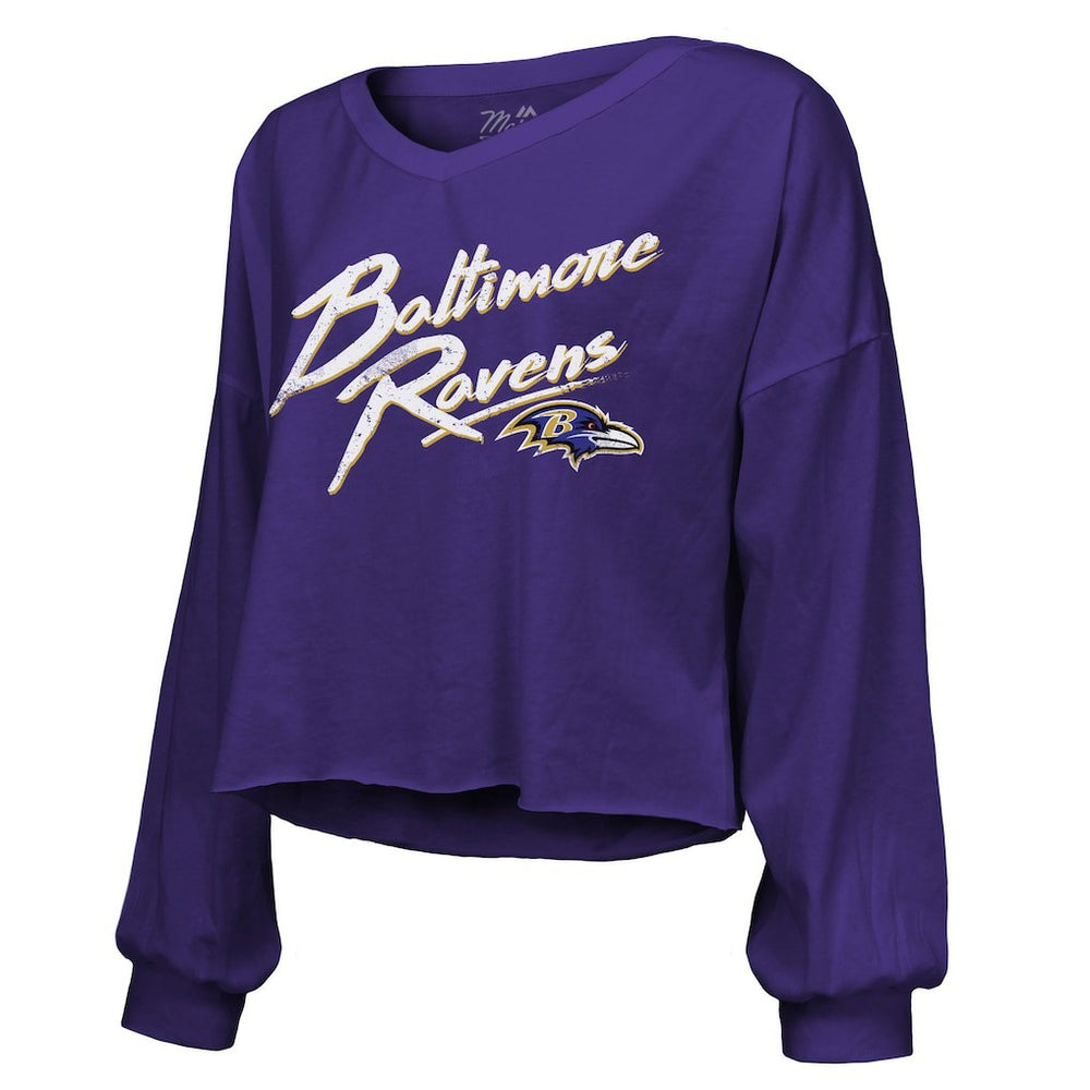 NFL Baltimore Ravens Derrick Henry  Majestic Threads Women's Name & Number Off-Shoulder Script Cropped Long Sleeve Relaxed V-Neck T-Shirt