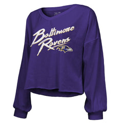 NFL Baltimore Ravens Derrick Henry  Majestic Threads Women's Name & Number Off-Shoulder Script Cropped Long Sleeve Relaxed V-Neck T-Shirt
