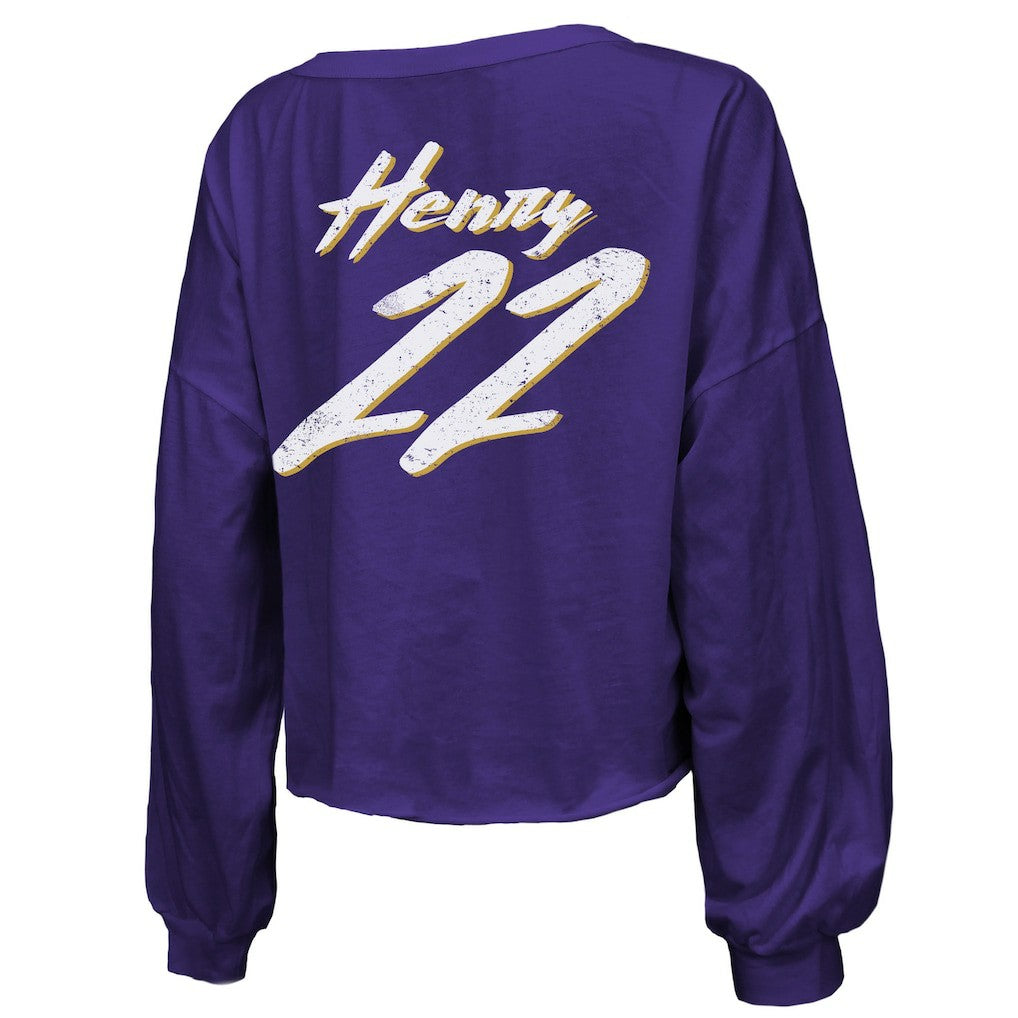 NFL Baltimore Ravens Derrick Henry  Majestic Threads Women's Name & Number Off-Shoulder Script Cropped Long Sleeve Relaxed V-Neck T-Shirt